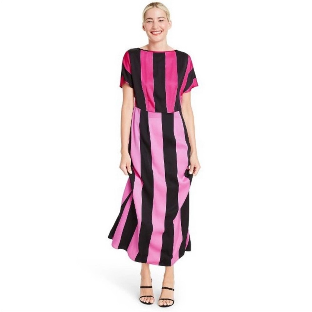 Christopher John Rogers Pink and Black Striped Maxi Dress